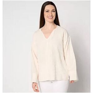 Peace Love World Womens Medium Embroidered Top Cream V-Neck‎ Long Sleeves NWOT)